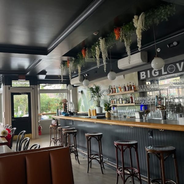 A Caribbean restaurant interior with a long bar, stools, and hanging plants from the ceiling.