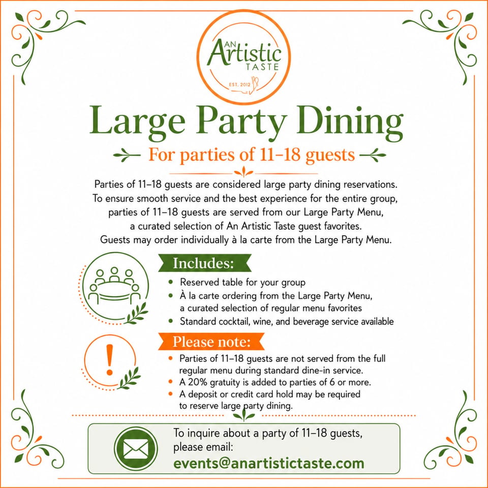 An Artistic Taste restaurant's large party dining information for 11-18 guests, with service details.