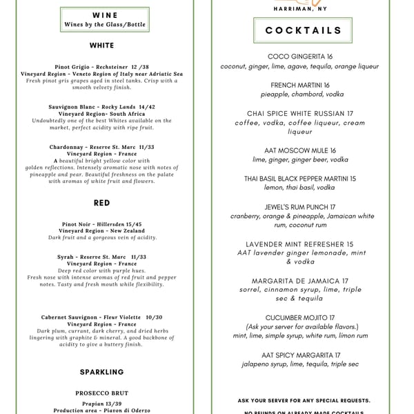 A white menu with green borders, listing various wines by the glass/bottle and cocktails.
