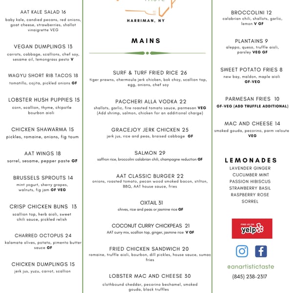 A white menu for An Artistic Taste restaurant, featuring Caribbean-inspired dishes and lemonades.