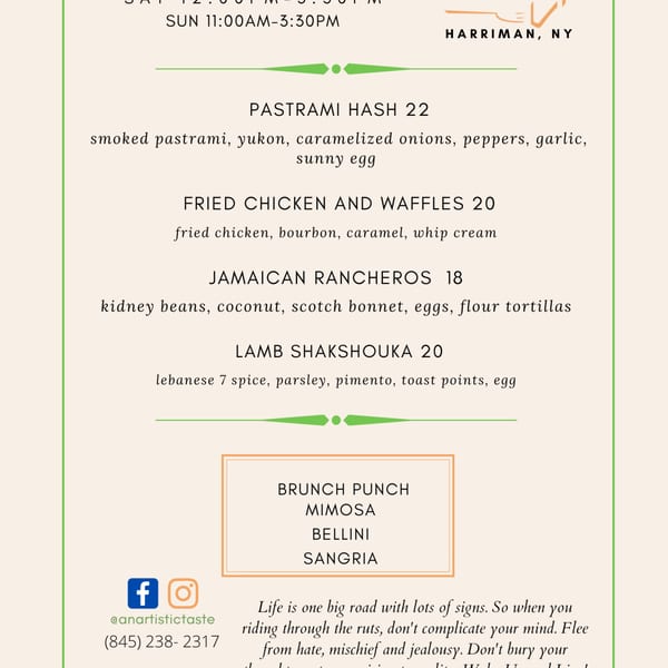 A brunch menu from An Artistic Taste, featuring Caribbean-inspired dishes and drinks.