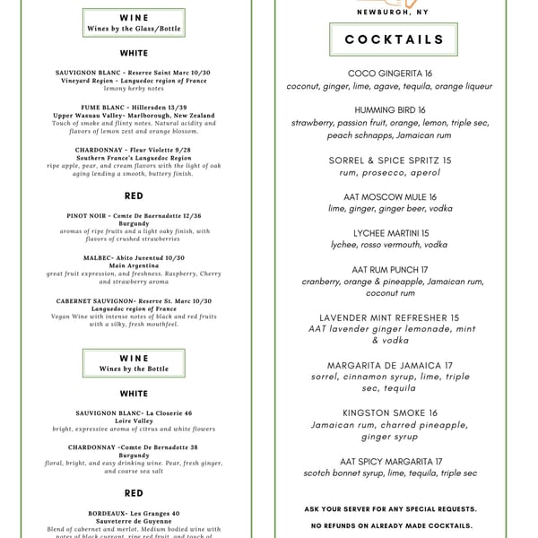 A menu from An Artistic Taste, featuring a selection of wines and Caribbean-inspired cocktails.