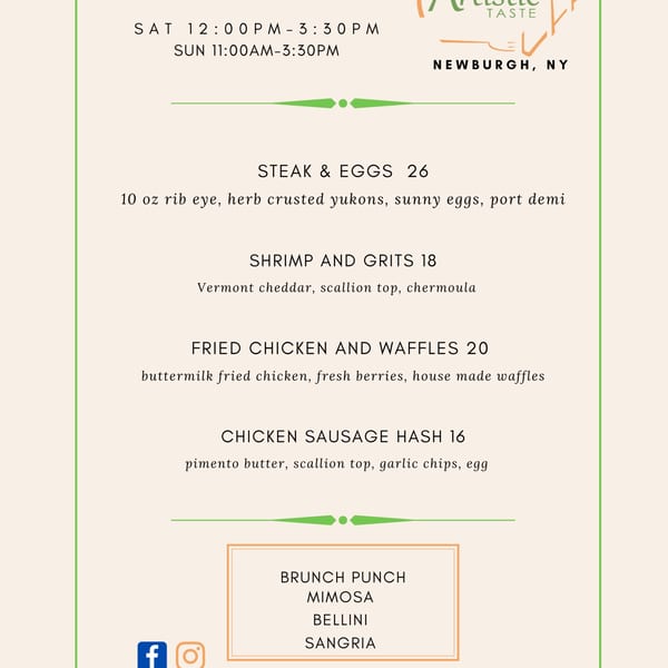 An Artistic Taste restaurant's brunch menu with Caribbean-inspired dishes and drinks.