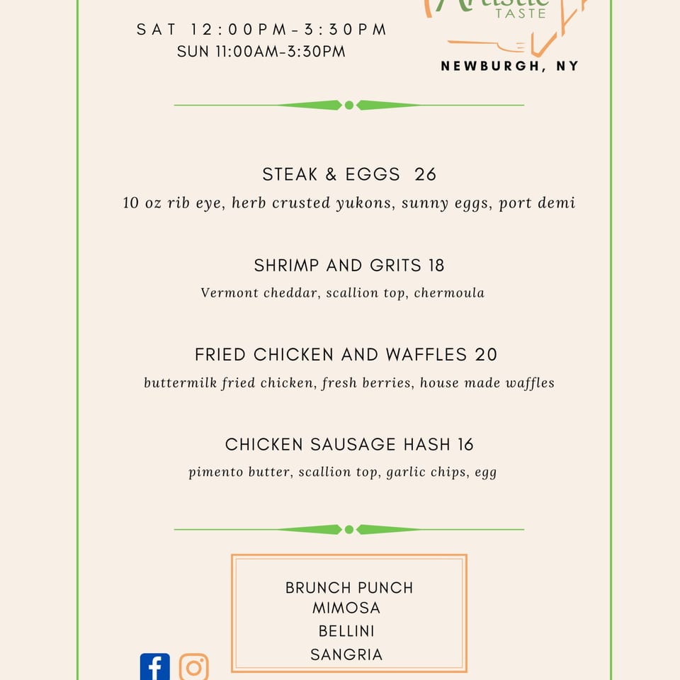 An Artistic Taste restaurant's brunch menu with Caribbean-inspired dishes and drinks.